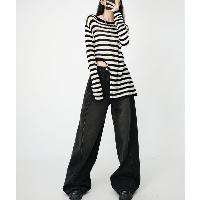 Loose Wide Leg Draping Mop Slimming High Waist Denim Trousers