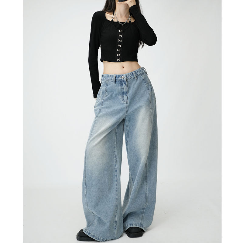 Loose Wide Leg Draping Mop Slimming High Waist Denim Trousers
