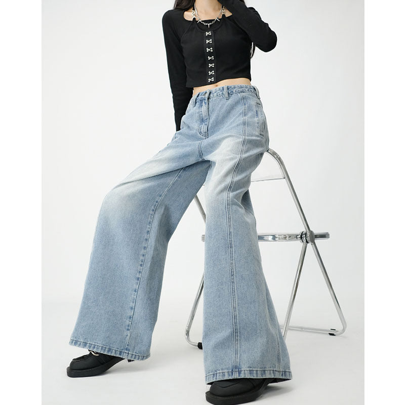 Loose Wide Leg Draping Mop Slimming High Waist Denim Trousers